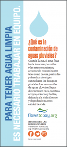 left column is light blue with a phrase in Spanish; the rightside has a water droplet at the top with information in Spanish below it
