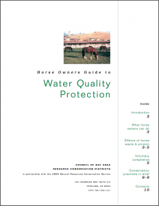 White background with words "Horse Owners Guide to Water Quality Protection" with a small image of horses in an area of grass
