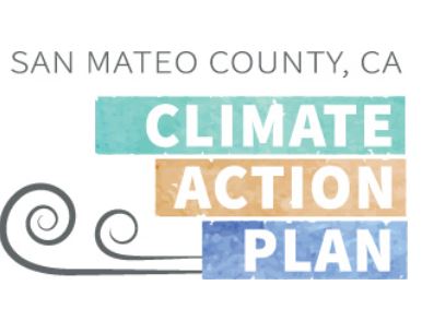 words "San Mateo County, CA" at top and beneath it is "Climate Action Plan" each word on its own row with a color behind it; two wave swirls on bottom left