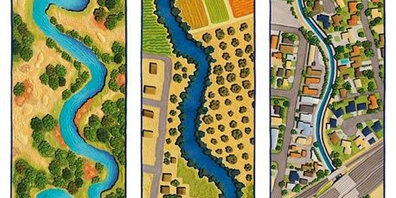 3 different images divided vertically; body of water going through each image - the left appears like open space, the middle image agriculture, and the right image a city